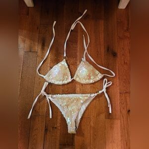 Iridescent Sequin Triangle Tie Bikini Set - White Sparkle